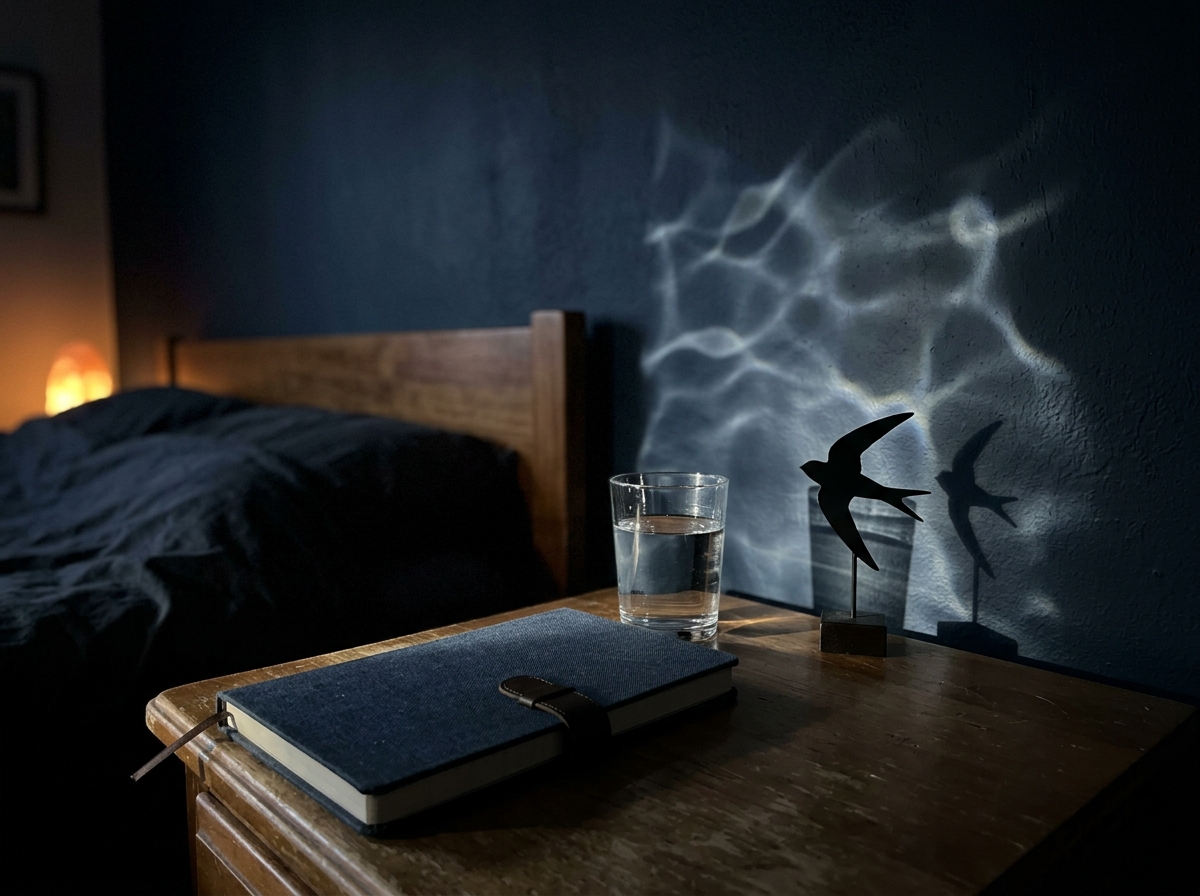 Nightstand scene with swift ornament shadow suggesting dream message