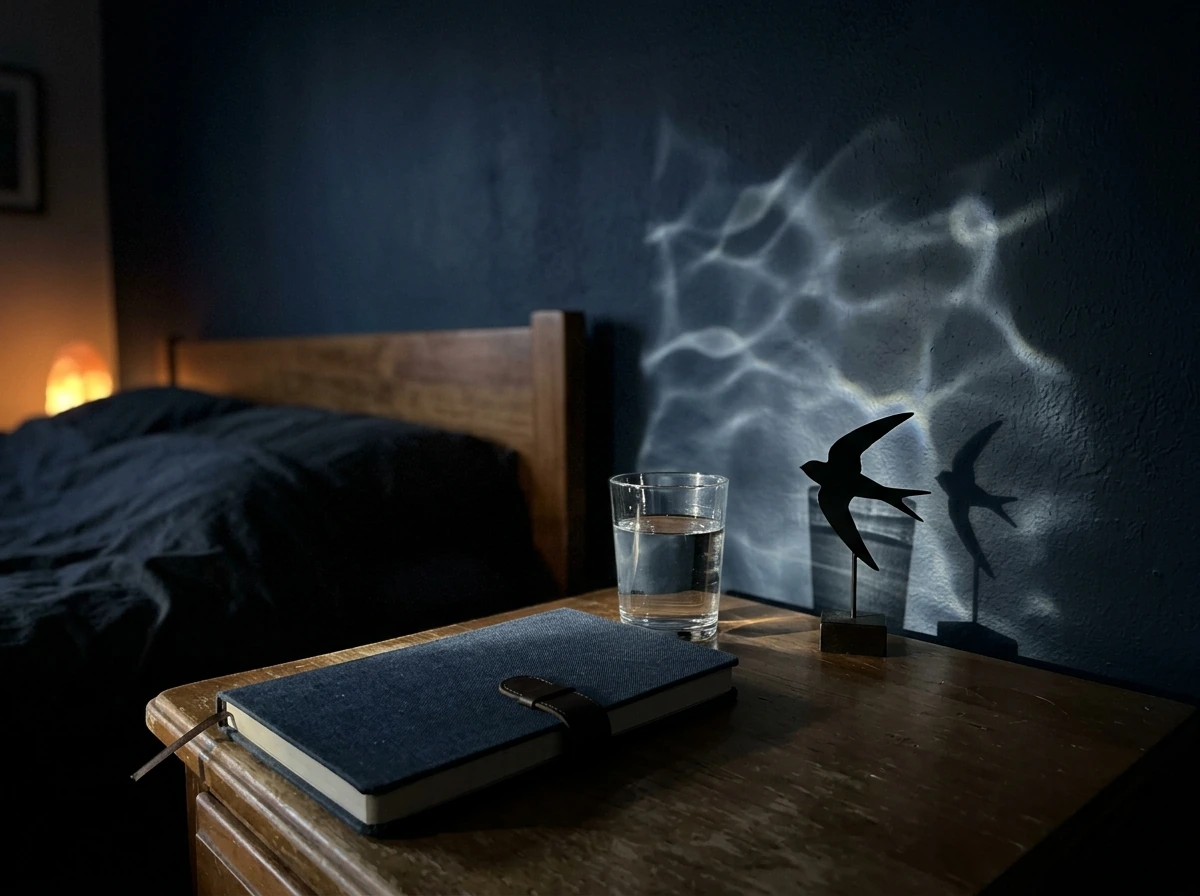 Nightstand scene with swift ornament shadow suggesting dream message