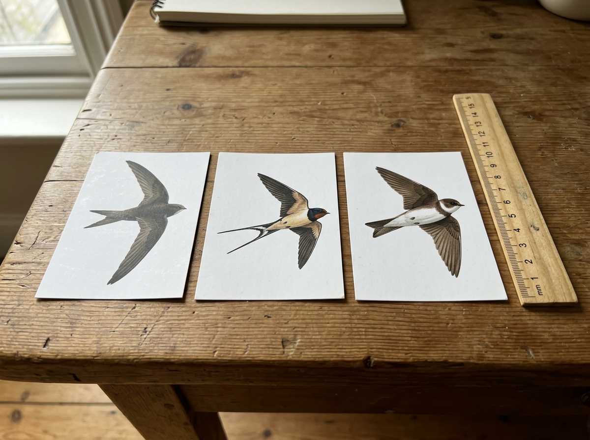 Field-guide style side-by-side images comparing swift, swallow, and martin