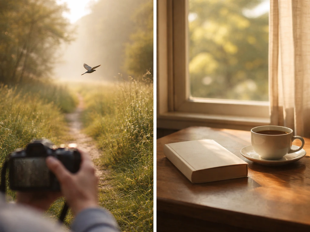 Split photo showing a birdwatcher outdoors and an intimate book-at-home moment to compare literal vs figurative meaning.