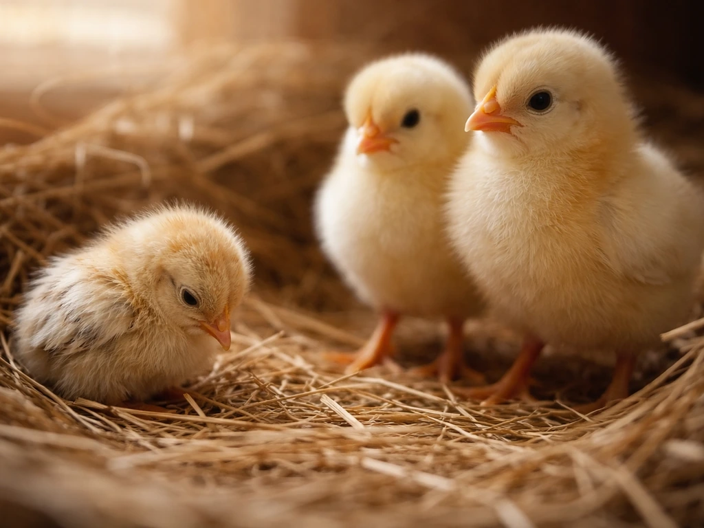 A small, weaker chick in a straw nest sits apart while larger chicks stand nearby.
