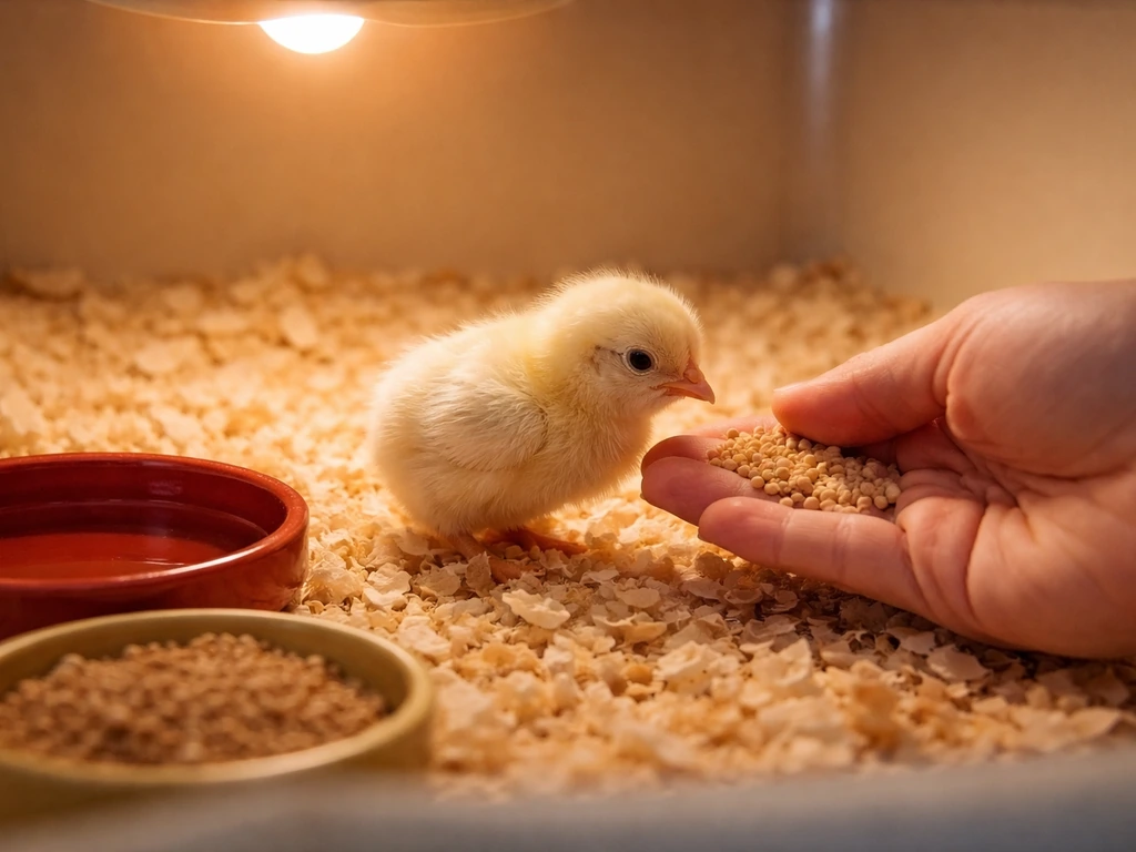 Close-up of a runt chick in a warm brooder while a hand gently offers food near water