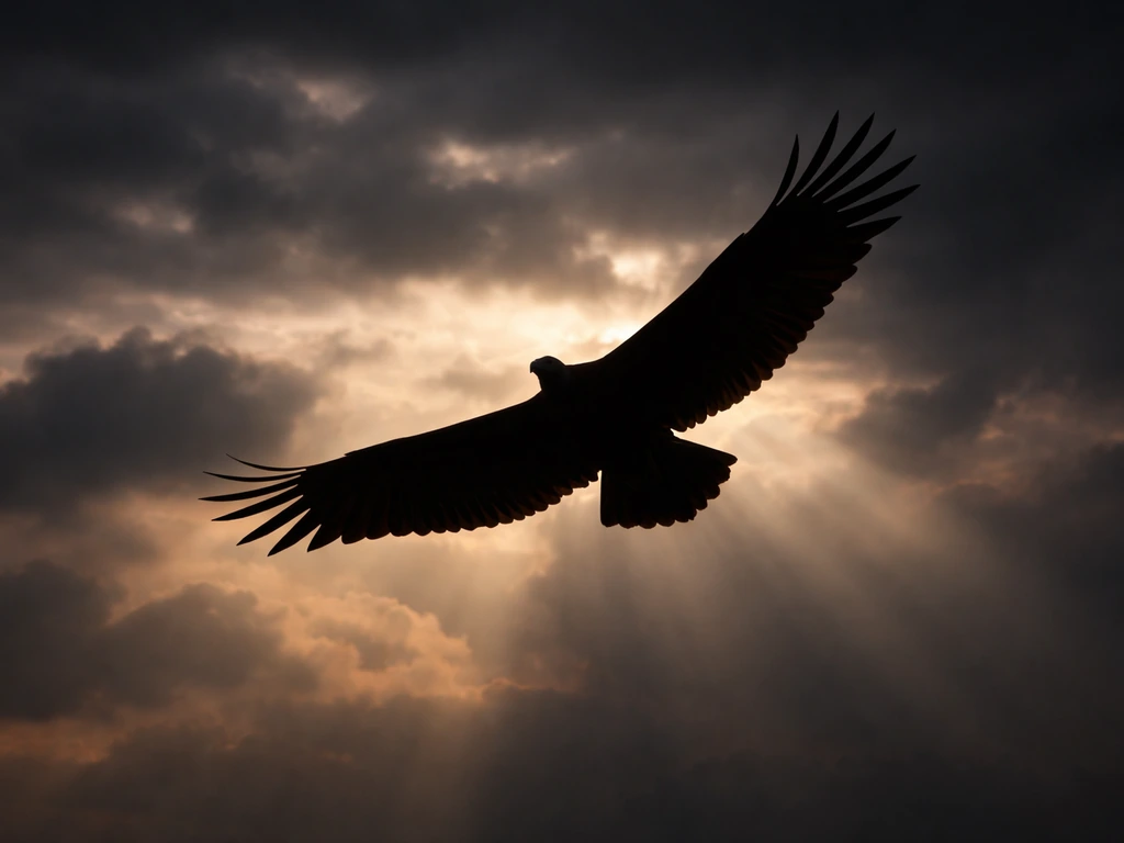 Buzzard or vulture silhouette gliding on thermals against a moody dusk sky