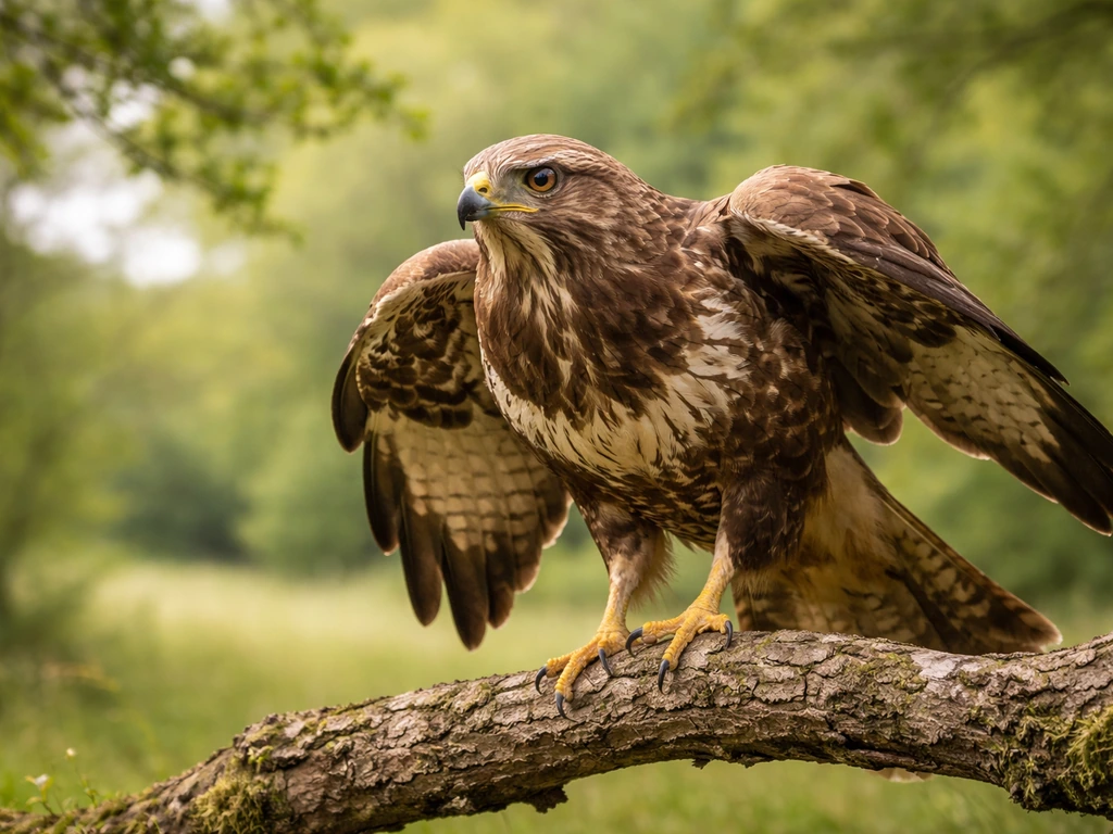 Common buzzard perched outdoors, broad wings and raptor features in natural light