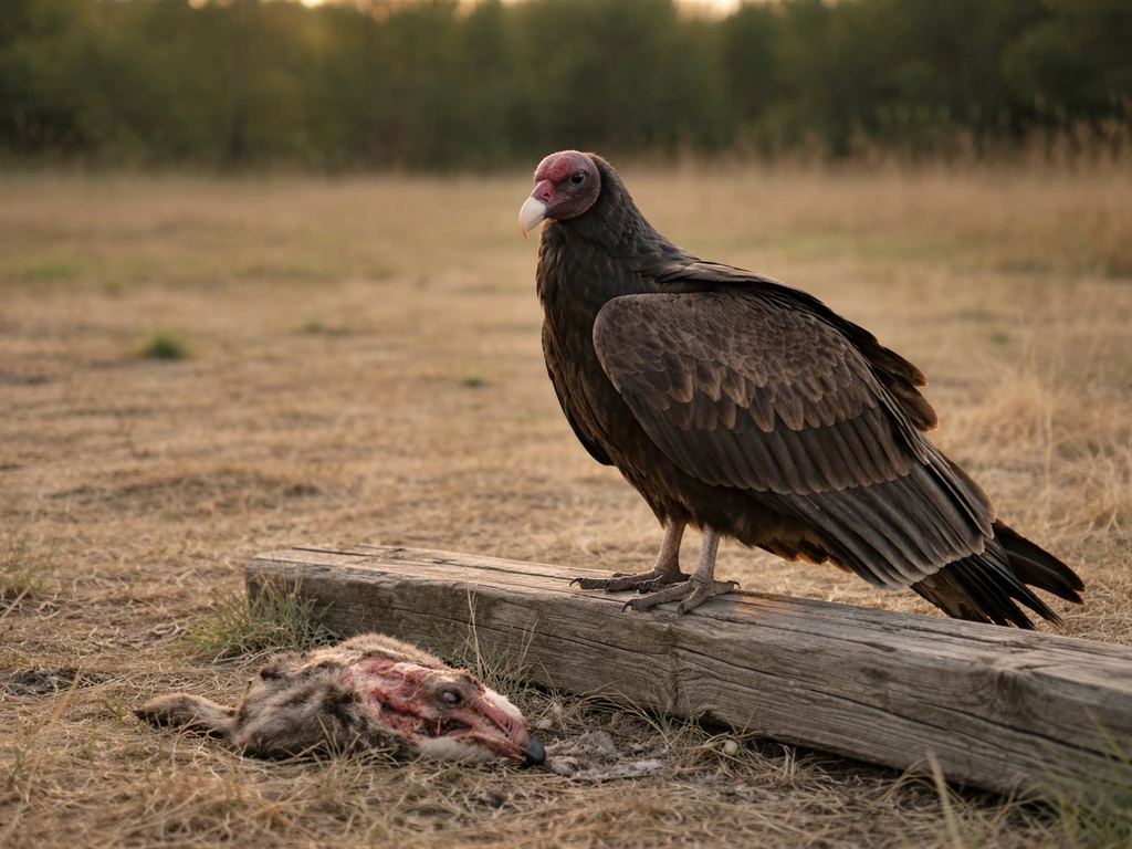 A turkey vulture perched near a carcass in a quiet open field at golden hour