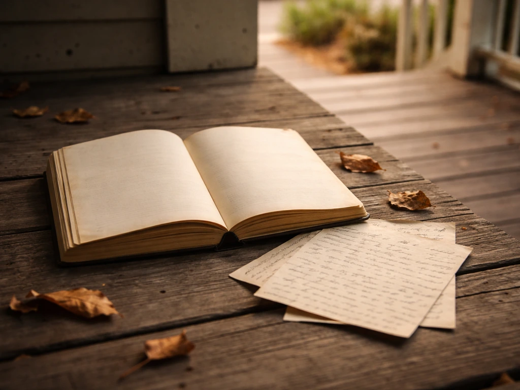 Close-up of a used paperback book open on a porch, with scattered regional letter-style notes beside it