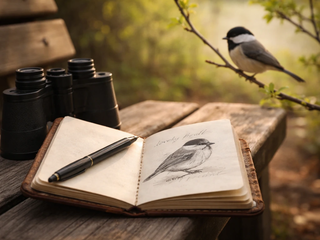 Binoculars and an open bird field notebook beside a perched small songbird.