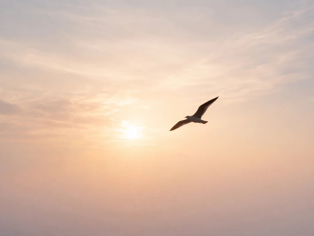 Minimal sky scene with a graceful bird silhouette symbolizing freedom, hope, and love.