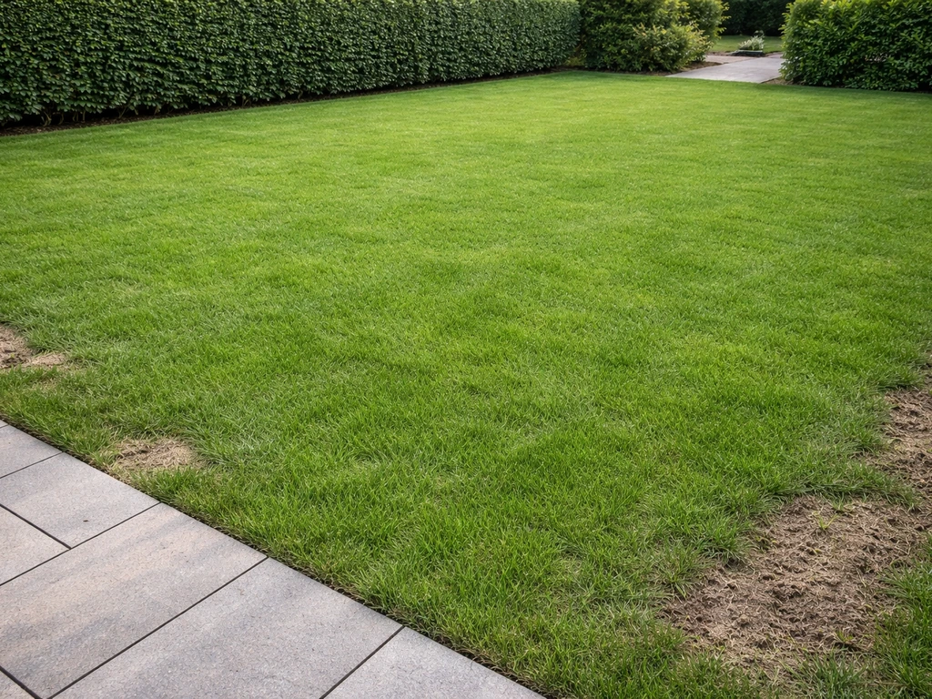 Egaal hersteld gazon in een rustige Nederlandse tuin, zonder bulten of kuilen, bij natuurlijk daglicht.