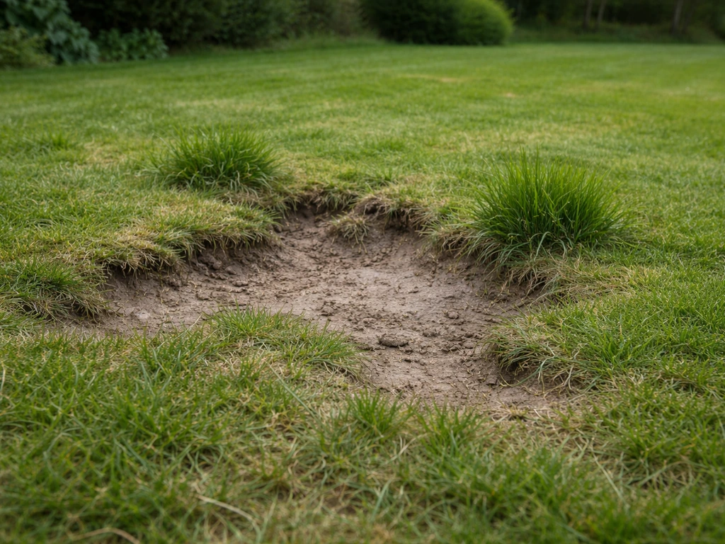 Close-up van een gazon met zichtbare kuilen en bulten, met ongelijk oppervlak en kale grondplekken.