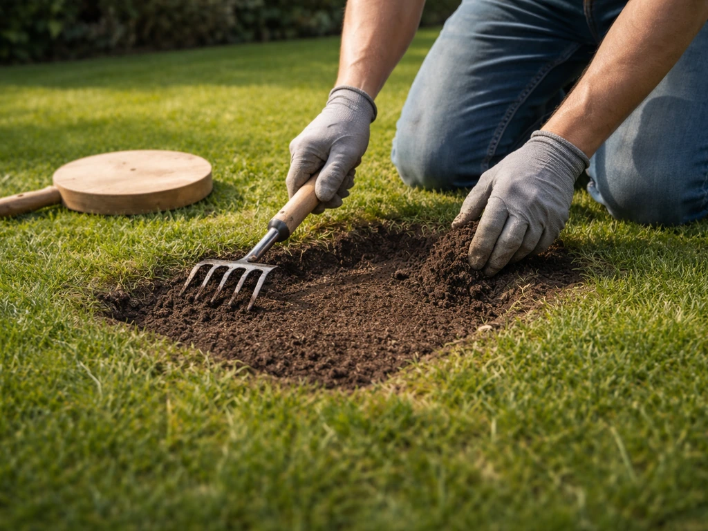 Tuinier knielt bij een klein kuiltje in het gazon dat vlak wordt gemaakt met topdressing en aanrollen
