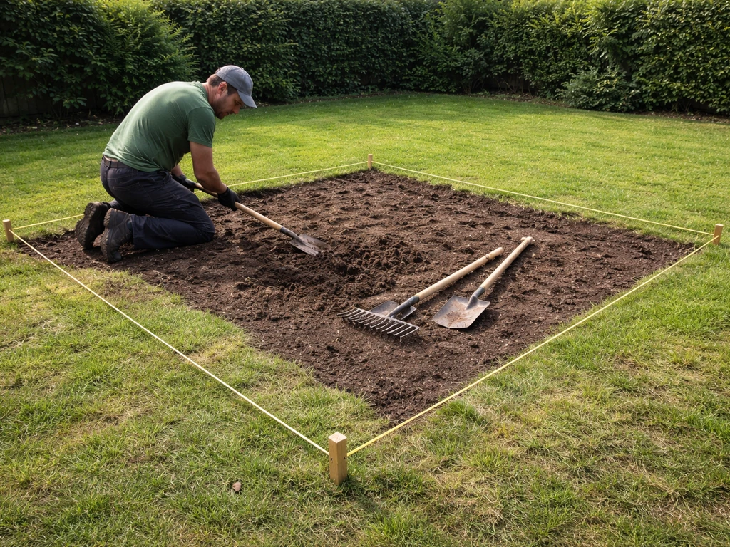 Tuinarbeider werkt gefaseerd aan een ongelijk gazon met afgebakende vakken met touw en schep.
