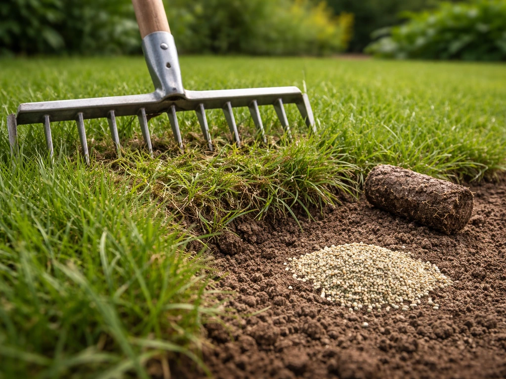 Dicht, ruw gazon met vilt-achtige verdichting; verticuteerhark en beluchtingsspoor klaar voor herstel.
