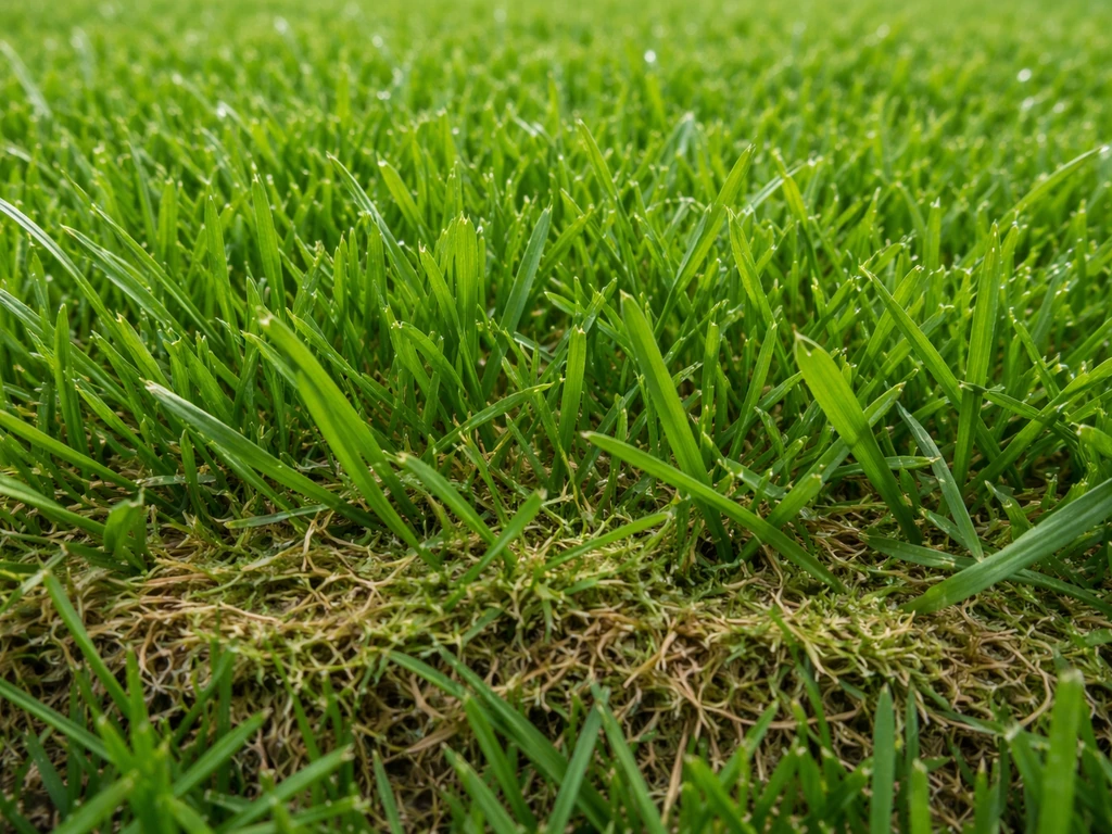 Close-up van veerkrachtig gazon met zichtbare viltlaag en duidelijke ruwere grassprietjes