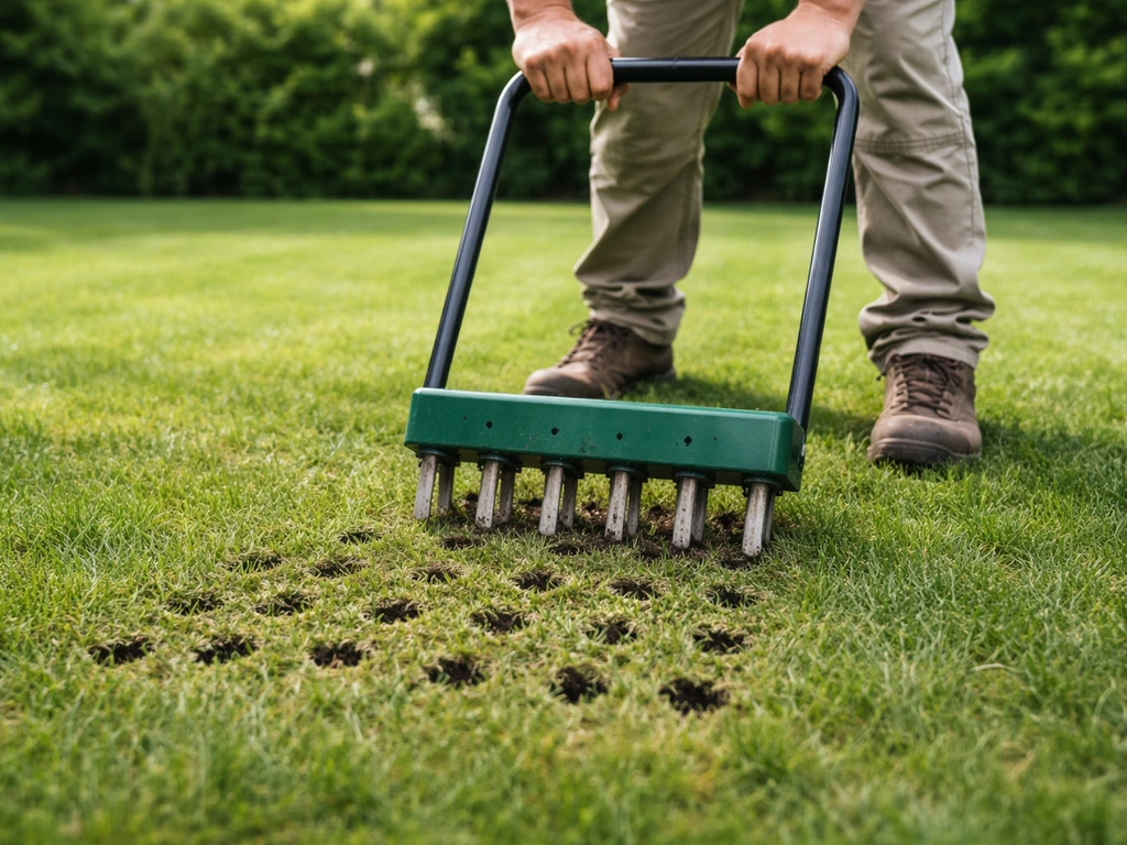 Tuinier met beluchter met holle pennen die gaten in een groen gazon maakt, met zichtbare bodem/drainage.
