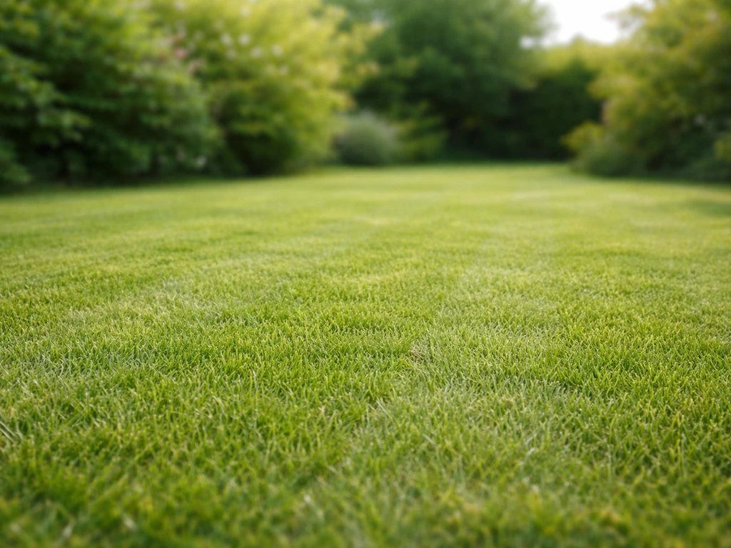 Gelijkmatig gemaaid gazon in mei met gras op ca. 3–4 cm hoog, in een stille tuin.