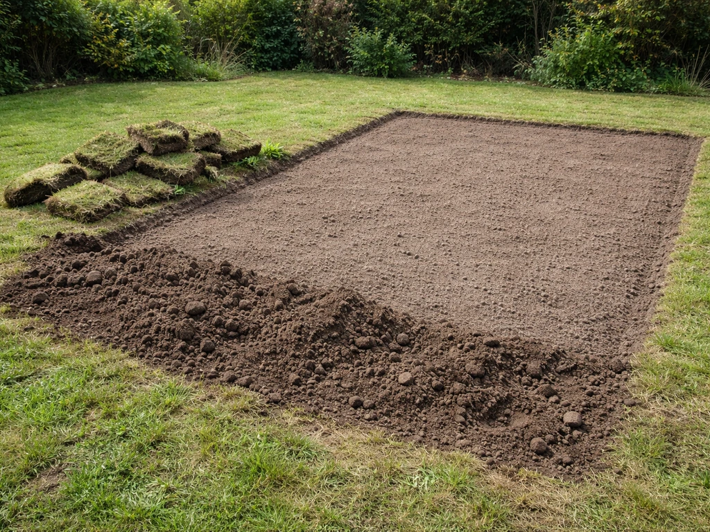 Hereniging van omgewoeld gazon met omgeschepte graszoden en nieuw te prepareren bodem, klaar voor heraanleg