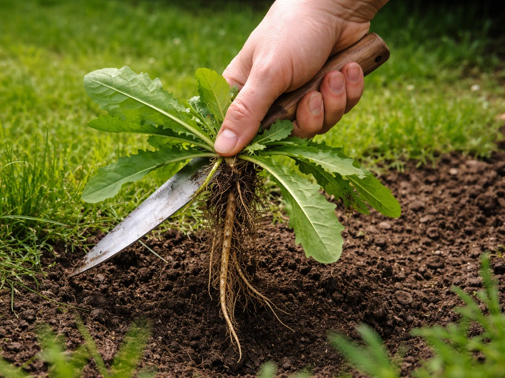 Hand trekt met een wiedmes in het voorjaar een breedbladig onkruid met wortel uit de grond.