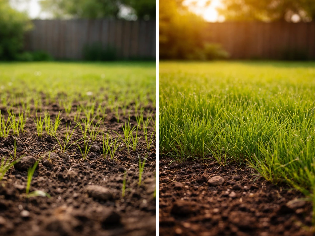 Lente en nazomer tuinmomenten: warme grond met jong gras en daarna een gazon in nazonlicht, minimalistisch.