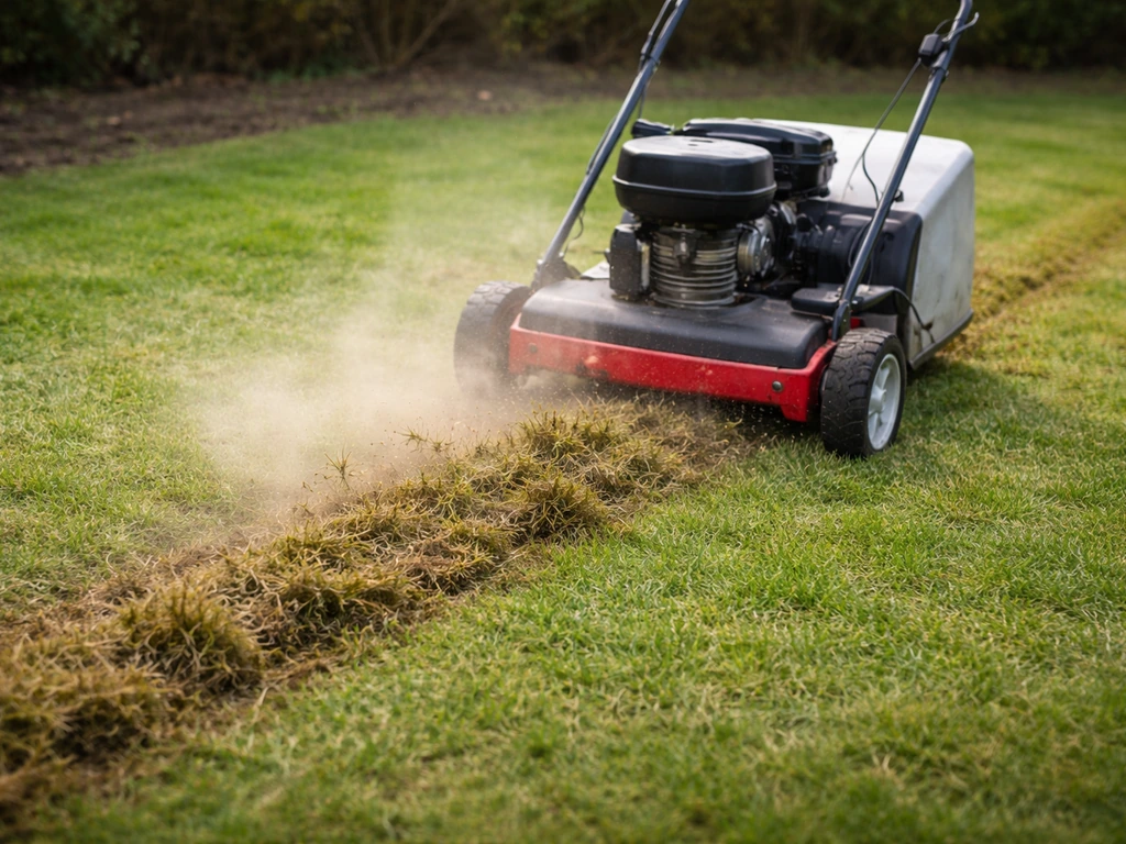 Verticuteermachine haalt vilt en mos los uit kort gazon en de losgekomen resten liggen op het gras.