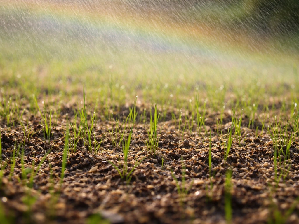 Zichtbaar ingezaaid gazon met kiemplantjes, licht besproeid met een regenachtige sproeinevel