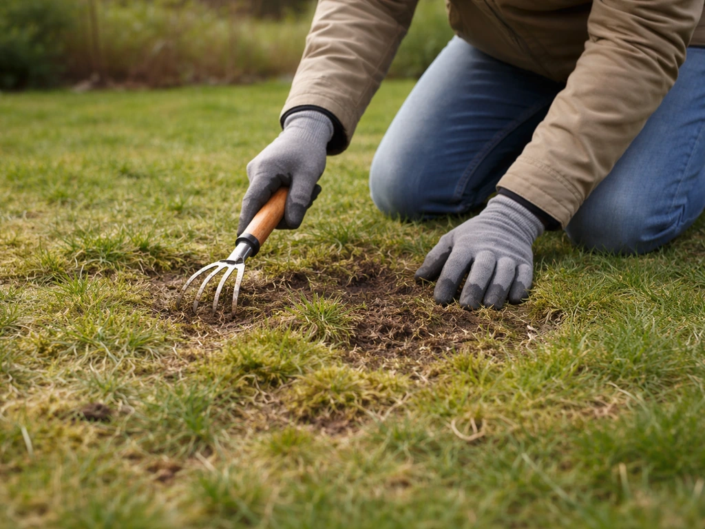 Iemand inspecteert in de vroege lente het gazon op kale plekken en mos met een kleine handhark.
