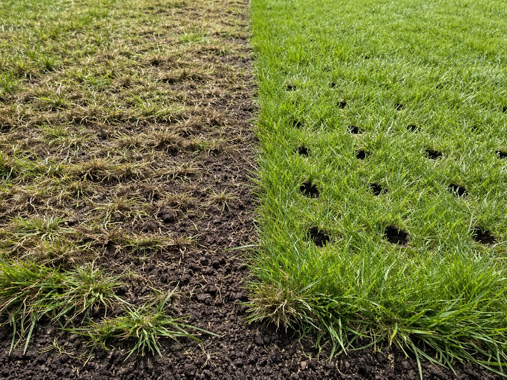 Twee delen van een gazon: verticuteren en beluchten zichtbaar als verschil in grasmat en bodemtextuur.
