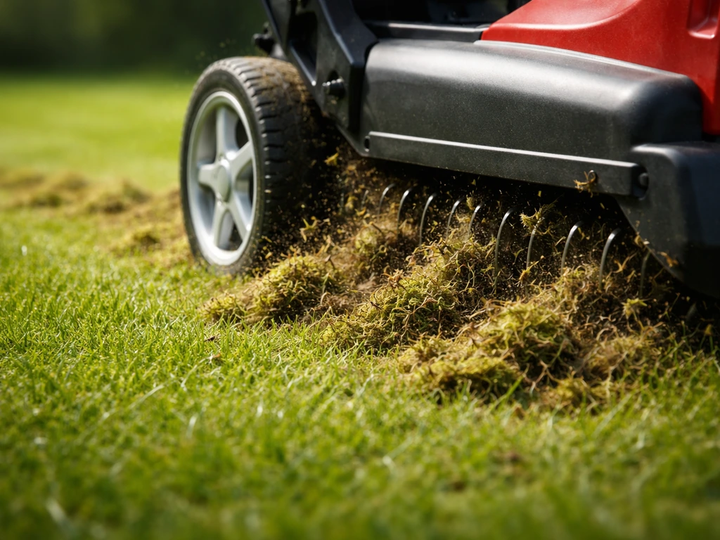 Verticuteermachine maakt verticale sneden; los vilt en mos komen zichtbaar tussen het gras los.