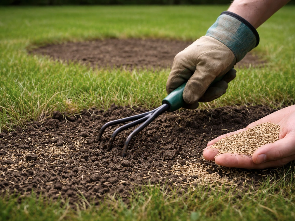 Hand met hark maakt een kale plek klaar in het gazon; graszaad ligt klaar op de strook.