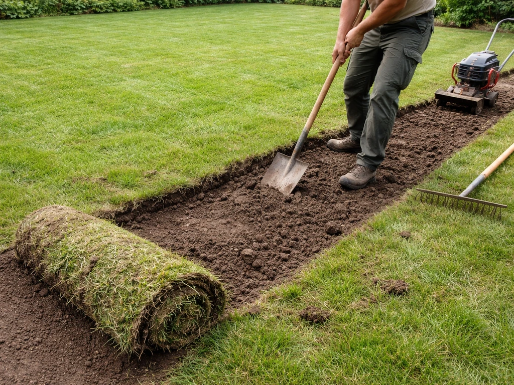 Tuinman verwijdert een strook oude grasmat en spuit/werkt de bodem bij met schop, om herstel te laten zien.