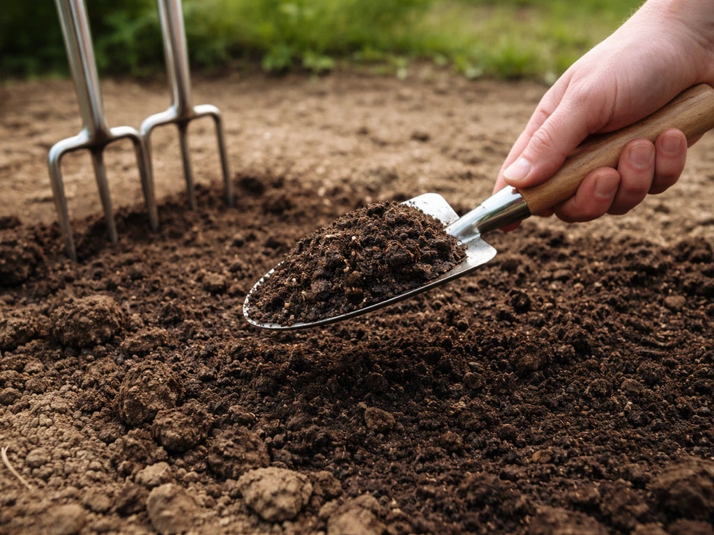 Klein schepje met rijpe compost op voorbereide grond, met prik-/holle tanden voor beluchting ernaast.