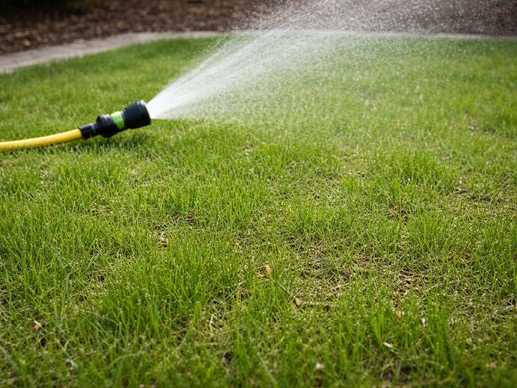 Fijne sproeikop geeft water aan een pas ingezaaid gazon, met jonge grasjes op juiste maaihoogte.