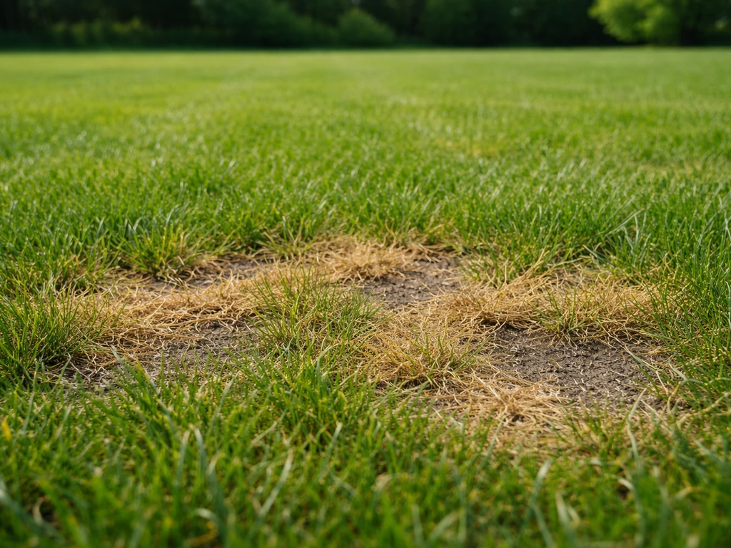 Gele en bruine grasvlekken door mestverbranding, met eromheen gezond groen gras voor duidelijk contrast.