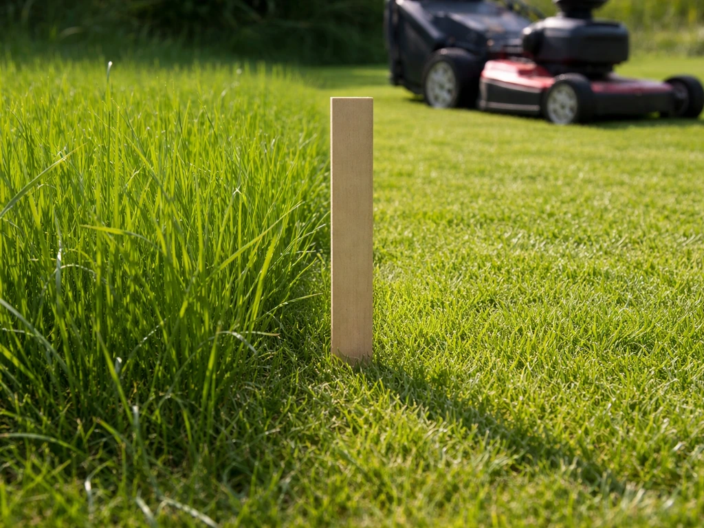Gras met duidelijke hoogtemeting: messenrand markeert een terugmaaibeweging van 9 naar 6 cm.