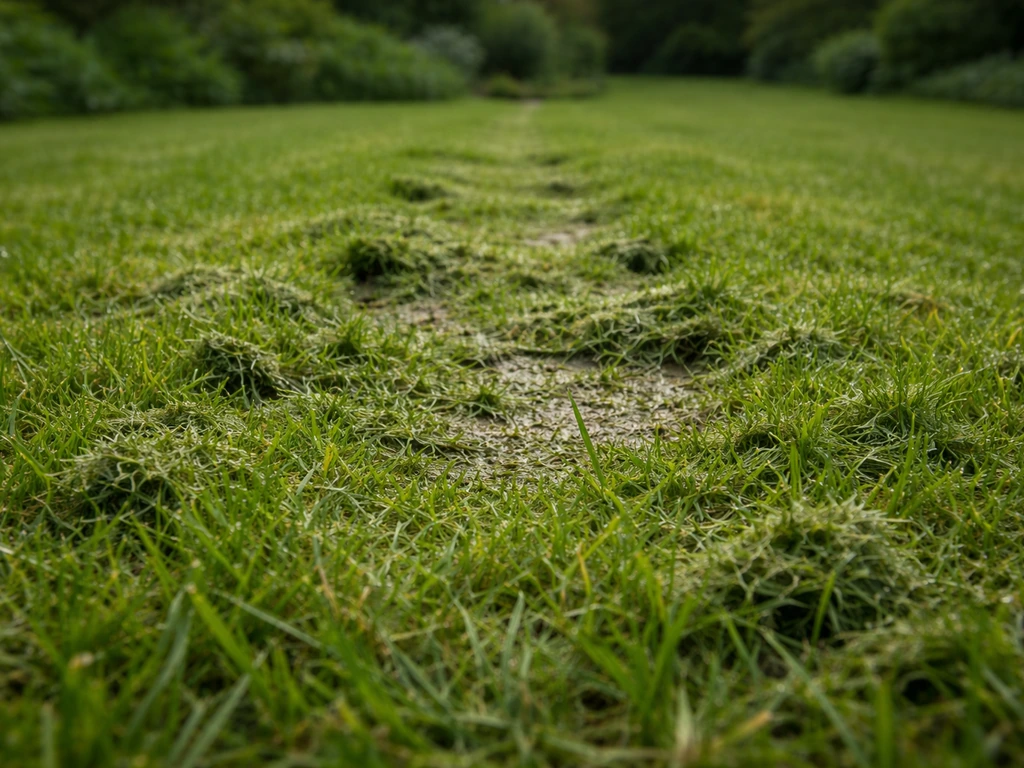Nat gras met zichtbare voetsporen en klonten maaisel tussen de gras sprieten