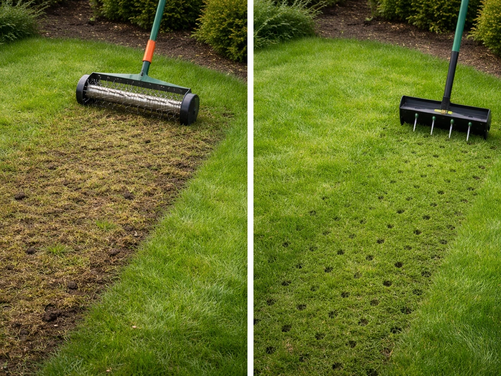 Gazon in één beeld: links vilt en mos los na verticuteren, rechts beluchtingsgaatjes in de grond.