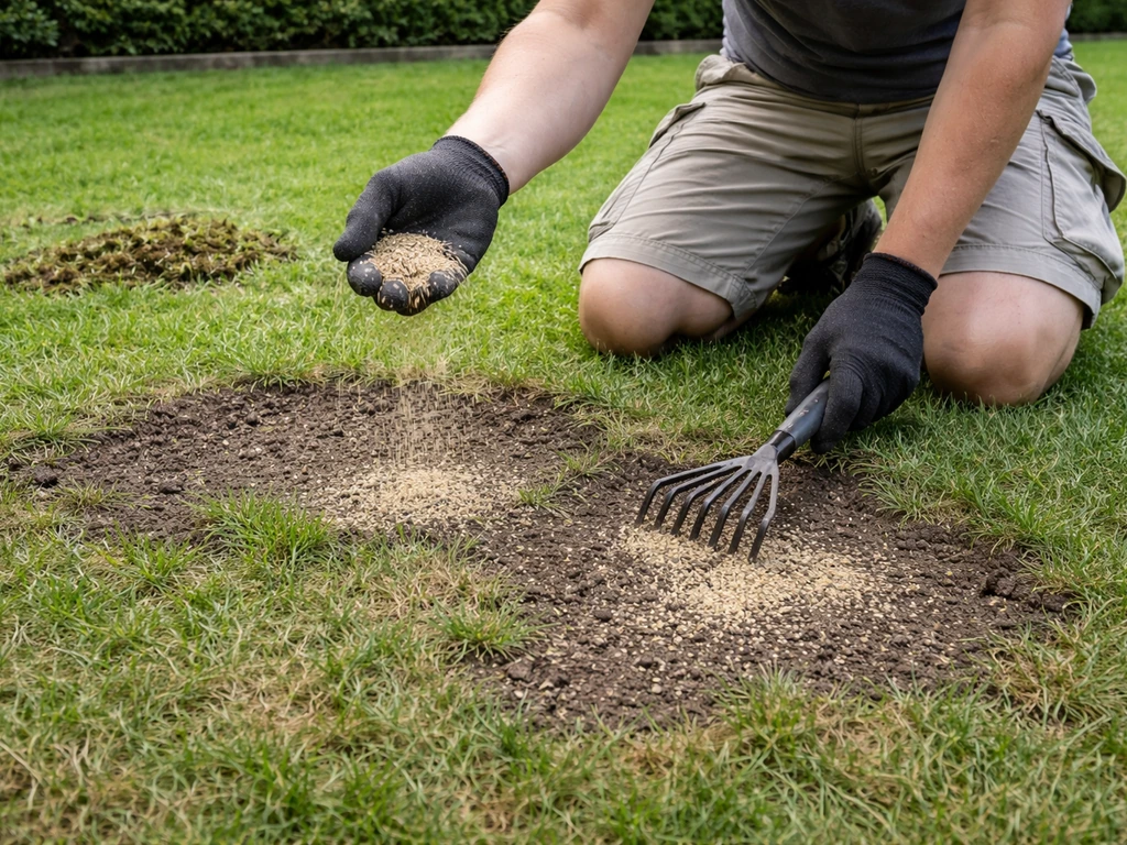 Tuinman zaait graszaad op kale plekken en bedekt het licht met zand/compost, na het schoonmaken van het gazon.