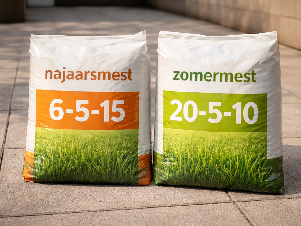 Twee zakken gazonmest naast elkaar op een stoep, met duidelijk zichtbare NPK-verhoudingen op het etiket.