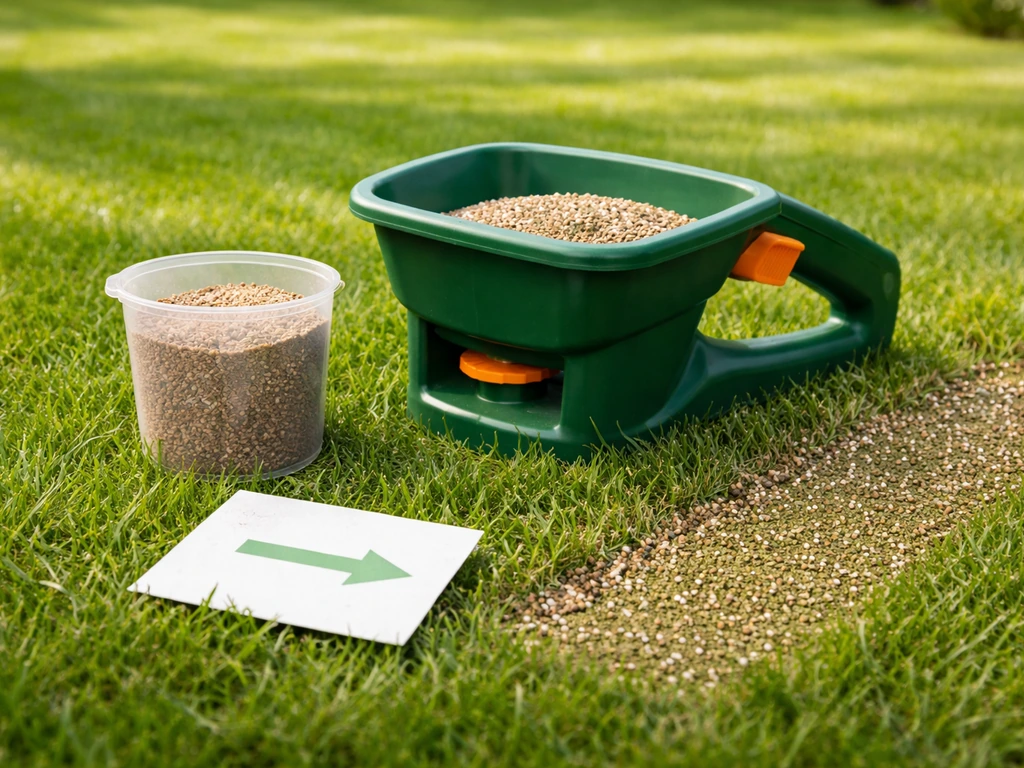 Hand met maatbeker en strooikaartje op gras, met aandacht voor 25–35 g/m² dosering.