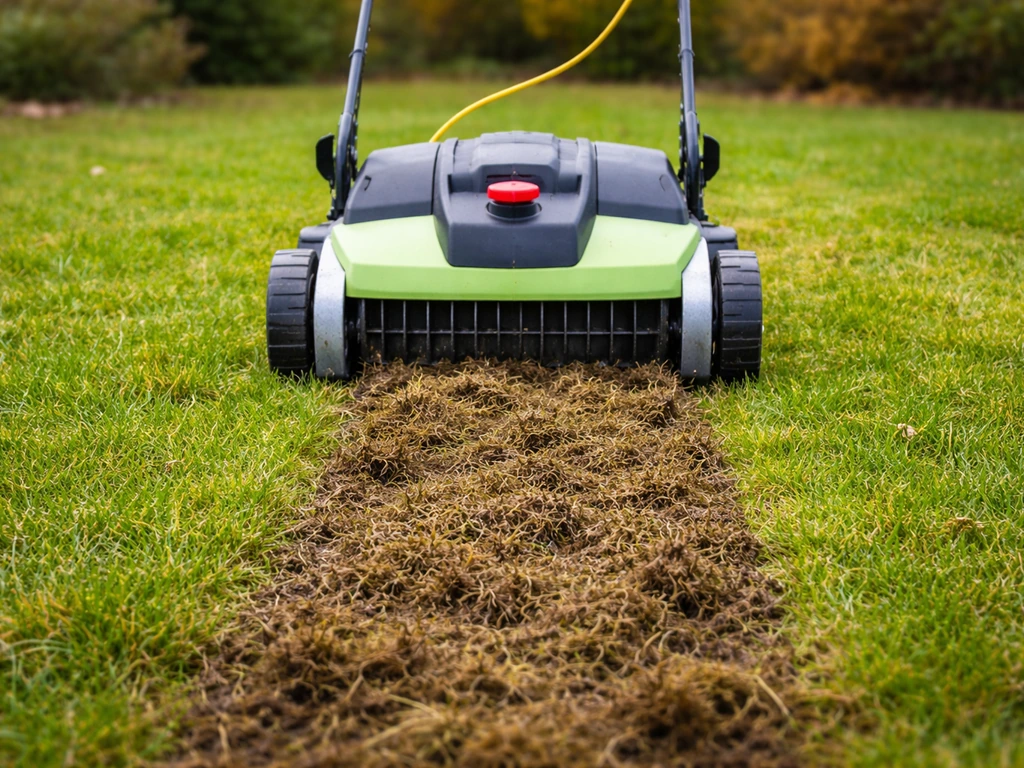 Verticaal verticuteren in een gazon waarbij een viltlaag loskomt en de grasmat zichtbaar wordt.