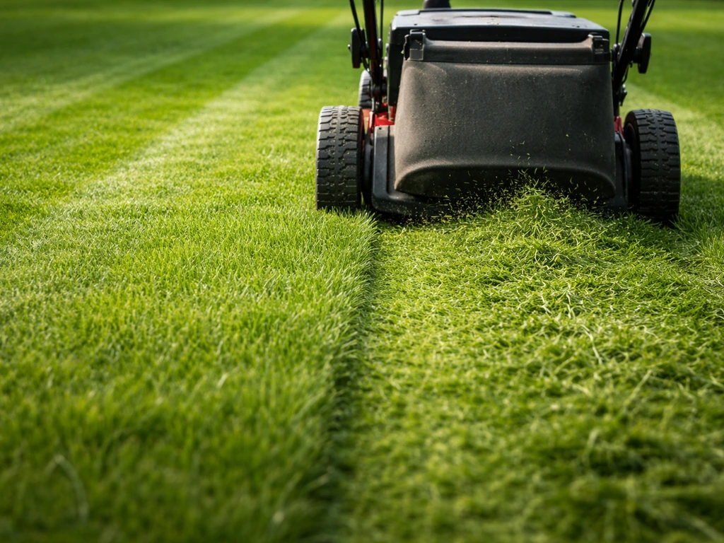 Grasmaaier op 4–5 cm maaihoogte met zichtbare rechte maaibanen en uitwerpkant op het gazon
