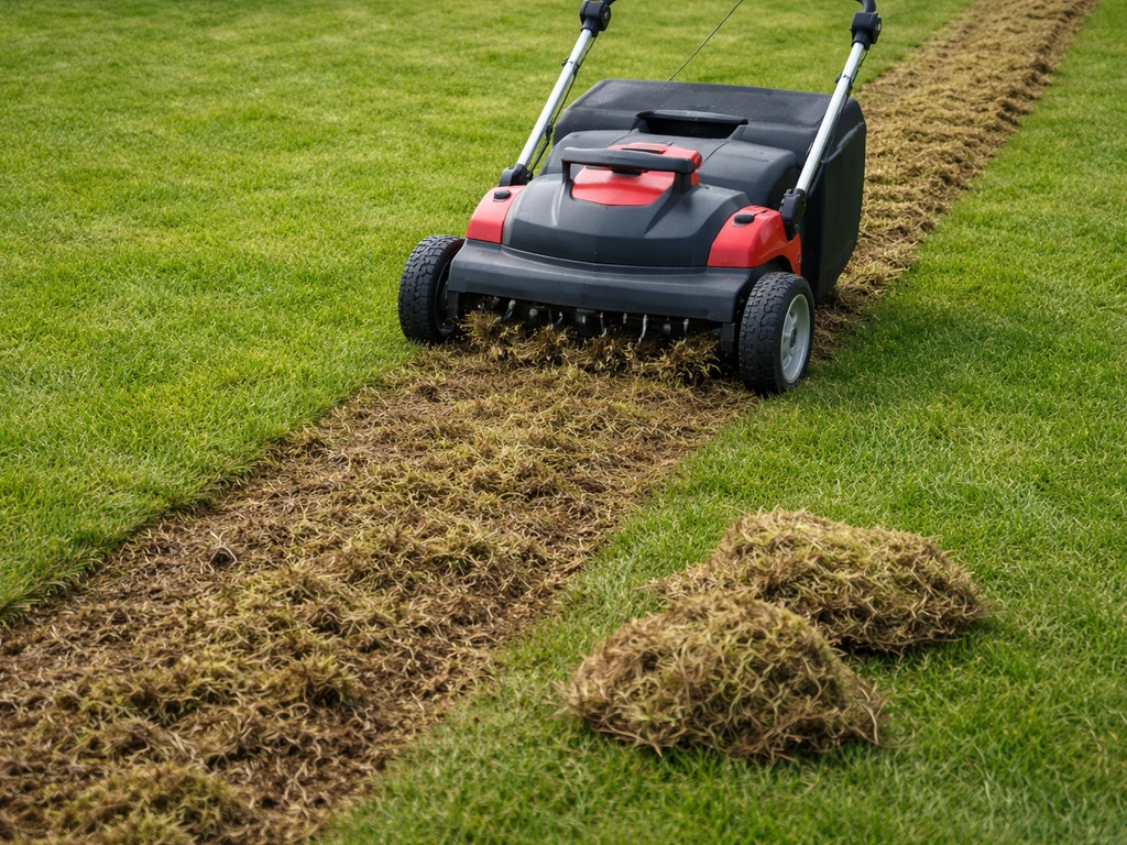 Verticuteermachine maakt vilt en mos los; verwijderd materiaal ligt bij de rand van de grasmat.