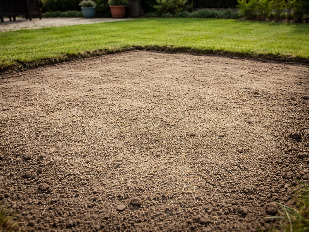 Tuinmanipulatie: uitgezaagde kale plek met losse aarde en ingezaaid graszaad, licht bedekt met zand