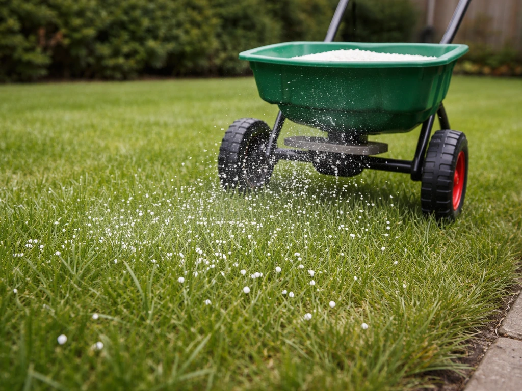 Sneeuwvrije gazonrand met strooier die kalkkorrels over het gras verspreidt, met kalk zichtbaar op grassprieten.