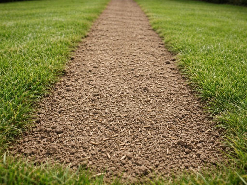 Tuin met kale plek waar bodem is opgeschaafd en een nette strook klaar is om graszaad uit te strooien.