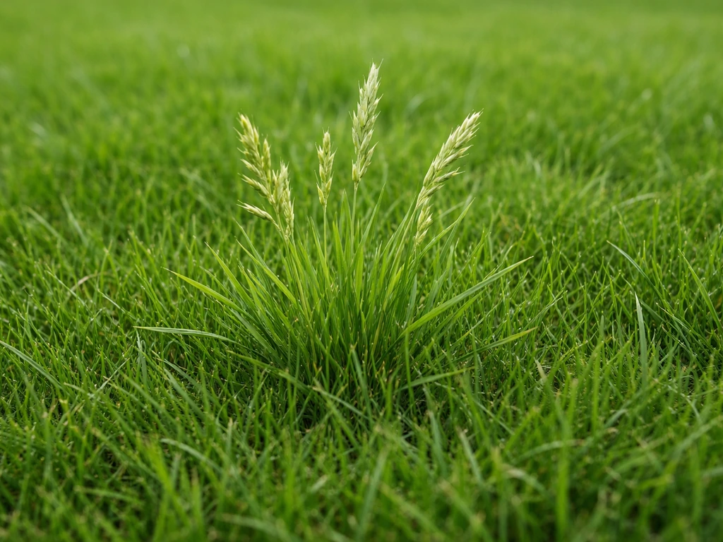 Kweekgras-plukjes in het gazon, lichter en grover tussen fijn donkergroen gras.