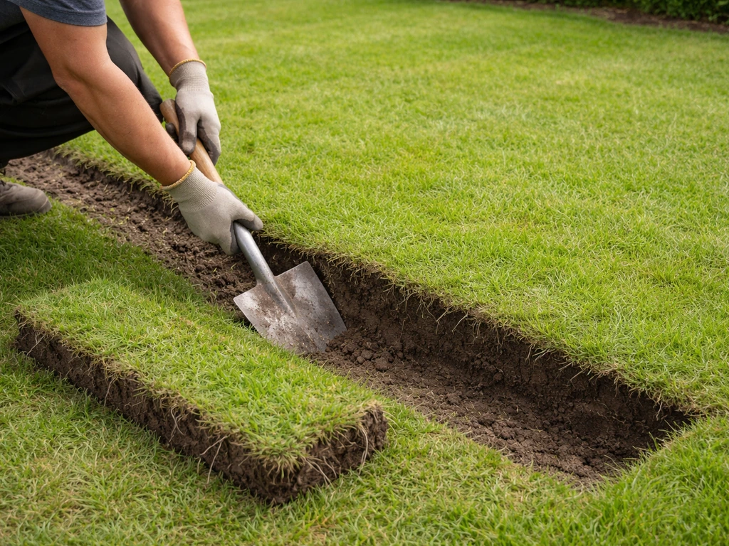 Handen met spade steken een smalle strook gras uit langs een besmette rand, klaar voor afvoer.