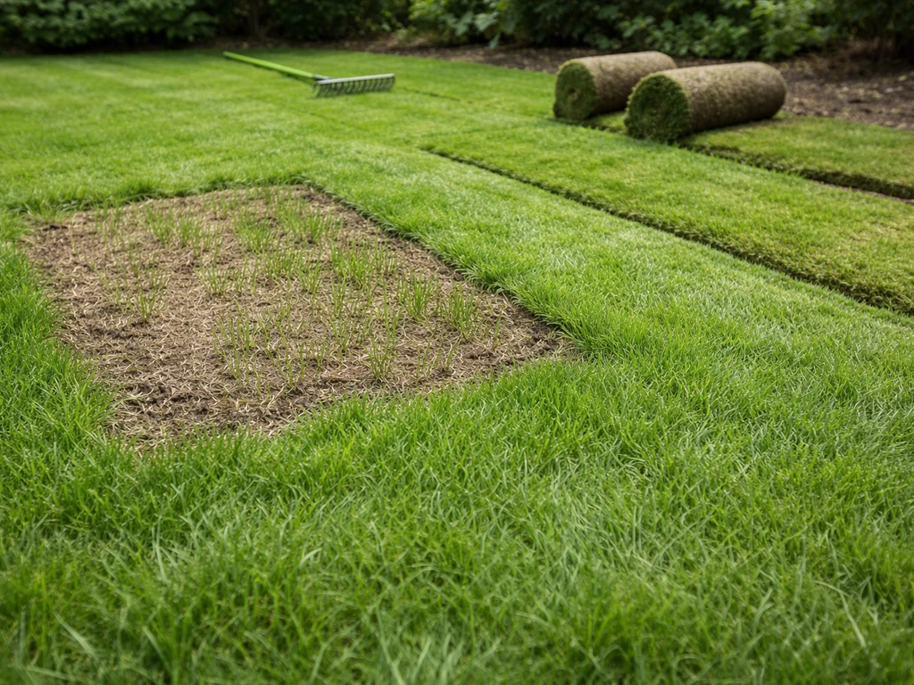 Tuin gazon met doorgezaaide kale plekken, platgedrukte grasmat en maaigeveel op 4–5 cm hoog