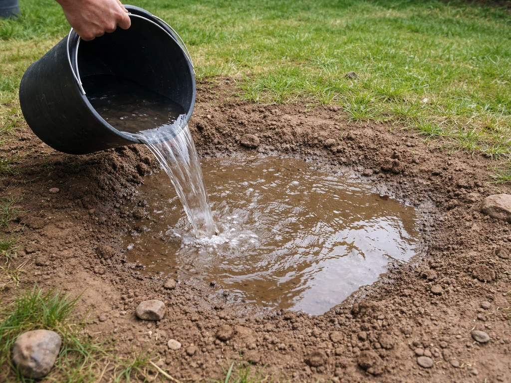 Hand giet water uit een emmer op grond; water blijft als plas staan in de beoogde gazonplek.