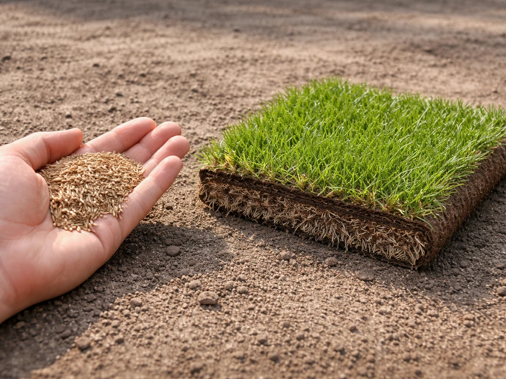 Hand met graszaad naast vers uitgerolde graszoden op dezelfde ondergrond